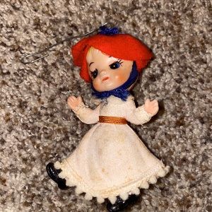 Vintage 1940s/50s Red and White Flocked Girl Ornament w/Blue eyes & red hat